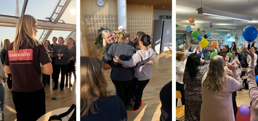bild på processledare för Make a Move, en bild på pedagoger som står och håller om varandra i en ring, en bild på pedagoger som håller färgglada ballonger i luften