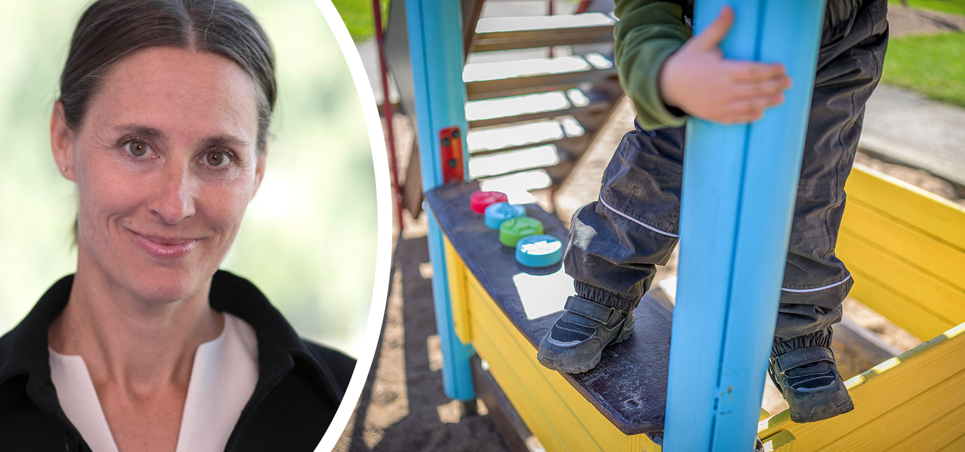 Bild på Beatrix Algurén, docent i idrottsvetenskap vid Göteborgs universitet och en bild på ett barn som leker på en lekplats