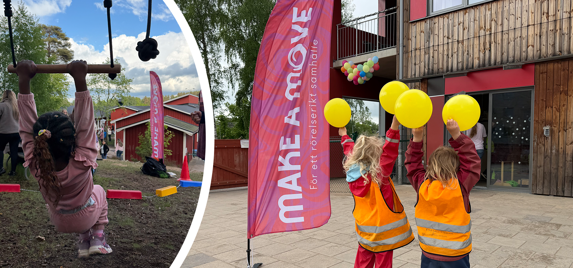 Barn som hänger i ringar och två barn som sträcker upp händerna i luften och håller ballonger i händerna.